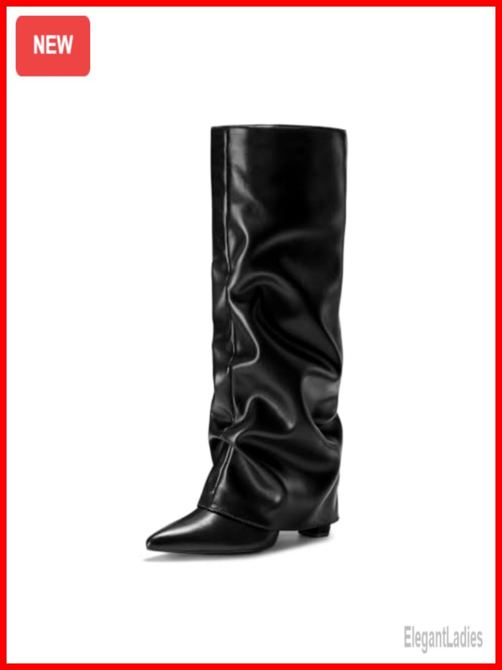 Knee High Pull On Boots Slouchy Fold Over Tall Block Heel Pointed Toe